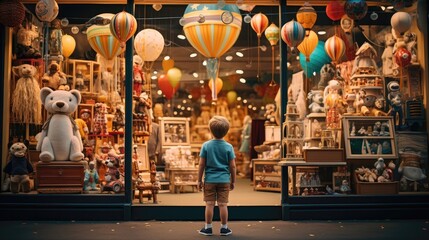 A little boy standing in front of a toy store. Generative AI - obrazy, fototapety, plakaty