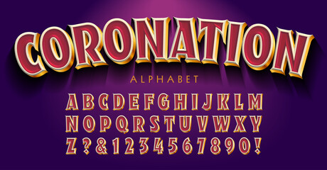 Coronation is a layered 3d effect alphabet with highlights and gold metallic effects. Lettering style is reminiscent of royal decoration, ornament, and color scheme. © Mysterylab