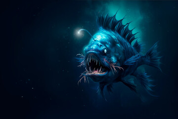 Angler fish on background of dark blue water realistic illustration art. Scary deep-sea fish predator In the depths of the ocean. Place for text. - 621657561