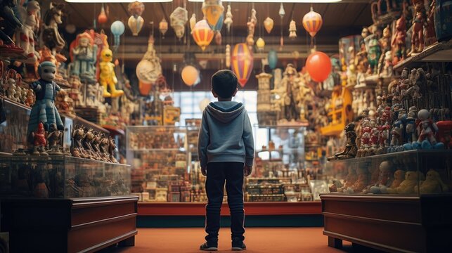A little boy standing in front of a toy store. Generative AI