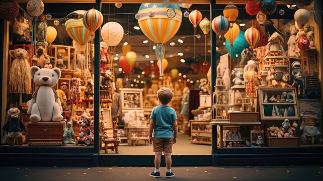 A little boy standing in front of a toy store. Generative AI