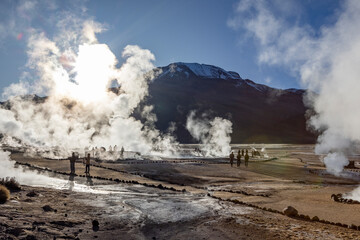 Exploring the fascinating geothermic fields of El Tatio with its steaming geysers and hot pools high up in the Atacama desert in Chile, South America