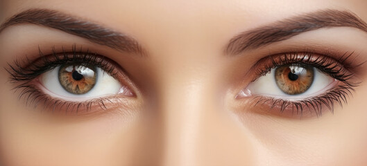 Naklejka premium Young beautiful woman with brown eyes, closeup detail to her face, both iris visible. Generative AI