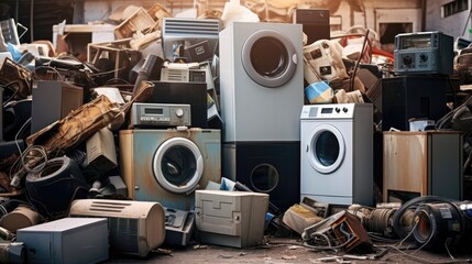 Collected and awaiting for the disposal of electronic waste, refrigerators, washing machines and others. Generative AI - obrazy, fototapety, plakaty