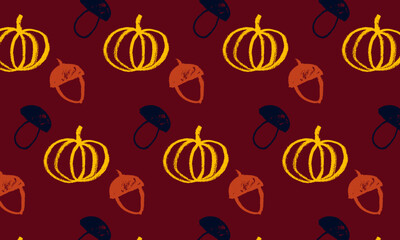 Vector pattern on the theme of autumn. Mushroom, acorn, pumpkin. Seamless, repeating, hand drawn, doodle, sketch. Yellow, black, red. Wallpaper, fabric, wrapping paper, product design. Eps10