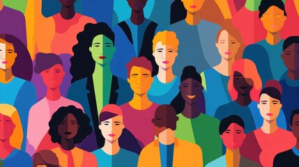 Inclusion and diversity concept expressed by an flat illustration of a colorful crowd of people. Generative AI