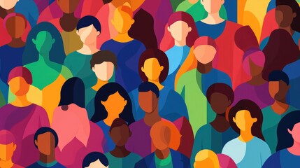 Inclusion and diversity concept expressed by an flat illustration of a colorful crowd of people. Generative AI