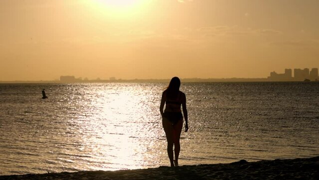 Sihouette of a woman walking to the ocean in backlight in extreme slow motion - Miami Florida travel photography 