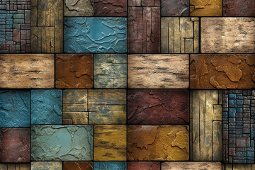 Abstract colorful tile background with wooden and stone elements.