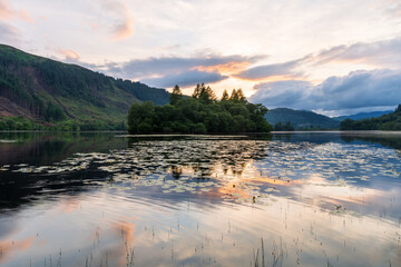 Loch Chon, in the Scottish Highlands UK, on a summers evening. 