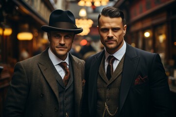 Group of gangster in the 1930 on the street of the city. Generative Ai