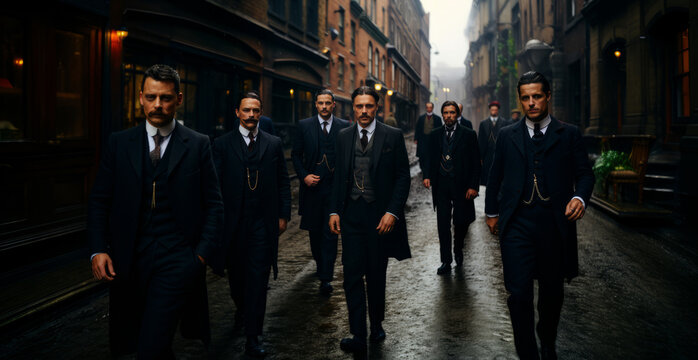 Fototapeta Group of gangster in the 1930 on the street of the city. Generative Ai