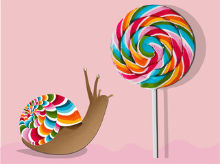 Snail with colorful shell and lollipop