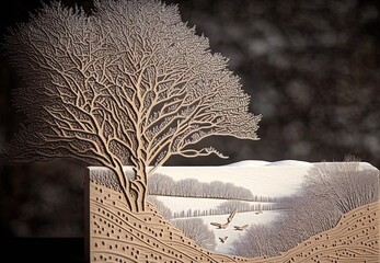 AI-generated illustration of 3-dimensional snowy and tree-filled winter landscape artworks. MidJourney.