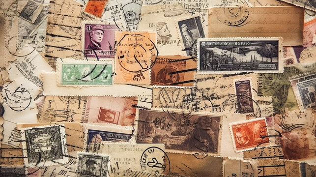 Vintage look background image featuring a variety of postage stamps