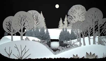 AI-generated illustration of 3-dimensional snowy and tree-filled winter landscape artworks. MidJourney.