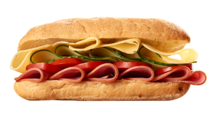 Sandwich with ciabatta bun, thin slices of sausage and edam cheese on a white background