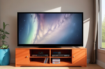 TV on the cabinet in the living room. AI generated illustration