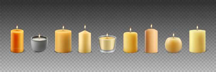Vector 3d Realistic Different Paraffin Wax Burning Party, Spa Candles Set with Flame of a Candle, Isolated. Candle Design Template Collection, Front View