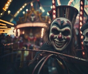 scary clown a sinister, dilapidated carnival with twisted rides and haunting carnival perform