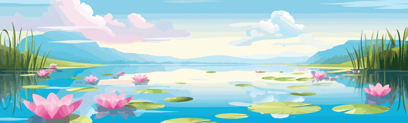 Fototapeta na wymiar A serene lake with lily pads vector simple 3d isolated illustration