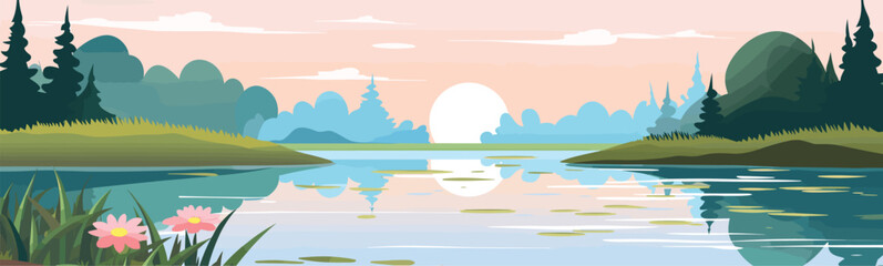 A serene lake with lily pads vector simple 3d isolated illustration
