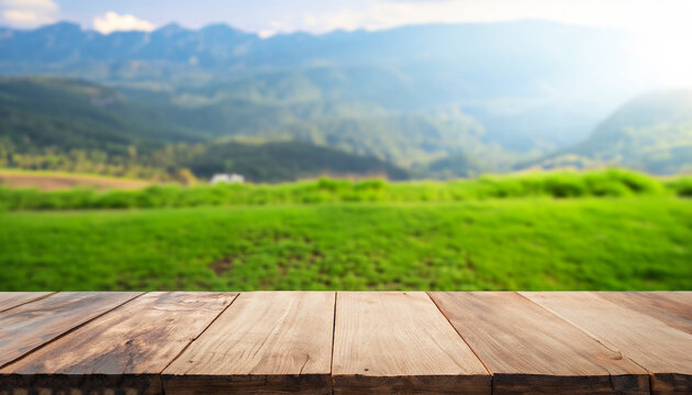 Wooden table top on blur plant vegetable or fruit organic farm background. For place food, drink or health care business. Fresh landscape and relax season concept. View of copy space.
