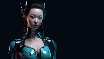 Futuristic Asian woman cyborg with copy space created with Generative AI technology