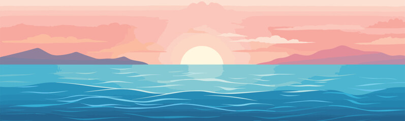 Fototapeta na wymiar Sunset over the ocean vector simple 3d smooth cut isolated illustration