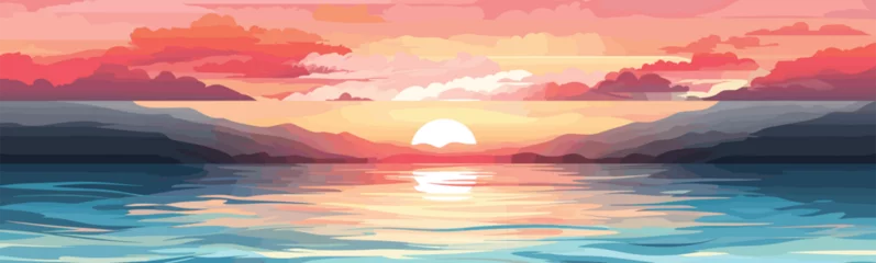 Fotobehang Zalmroze Sunset over the ocean vector simple 3d smooth cut isolated illustration