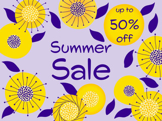 Summer sale up to 50% off - Schriftzug in englischer Sprache - Sommerschlussverkauf bis zu 50% Rabatt. Verkaufsbanner mit gelben Sommerblumen auf violettem Hintergrund.
