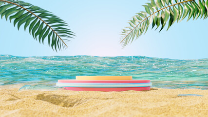 Podium on a sandy beach with palm leaves on the background of the sea. Platform for product presentation on a tropical beach. 3D render.