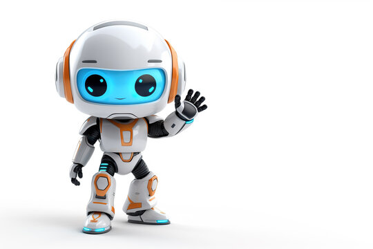 Cute little robot waving hello on white background with copy space. Generative ai and digital editing.