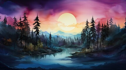 AI-generated illustration of a foggy sunrise on a river in the mountains. MidJourney.