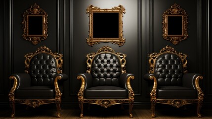 A set of three black and gold chairs in a room. Generative AI image.