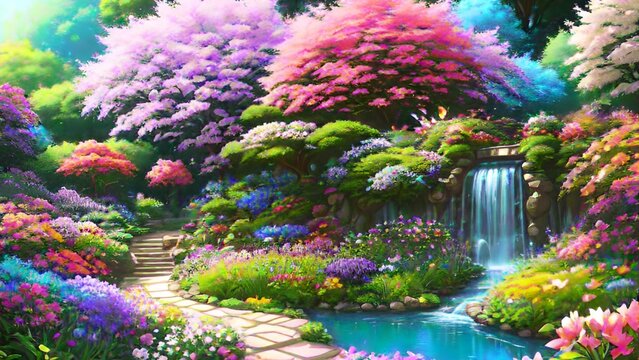 Jardim encantado vibrante com flores exuberantes em tons variados, plantas majestosas e elementos m&aacute;gicos como borboletas e p&aacute;ssaros coloridos. Cores alegres que transmitem serenidade e beleza.