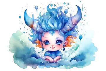 Watercolor cute hel cartoon character, concept of Whimsical art style, created with Generative AI technology - obrazy, fototapety, plakaty