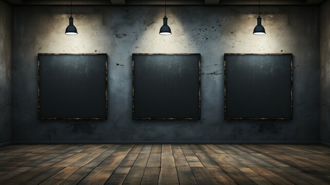A room with three empty frames on the wall. Generative AI image.