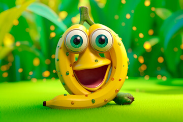 Juicy banana on green summer background. Generative AI. Cute cartoon character tropical fruit with eyes. Banana Day. Healthy breakfast or lunch for kid. Adorable Image for comic strip, cover, placard