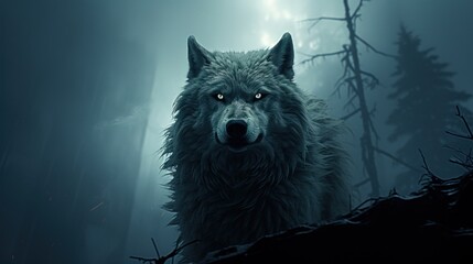 A white wolf standing in a dark forest. Generative AI image.