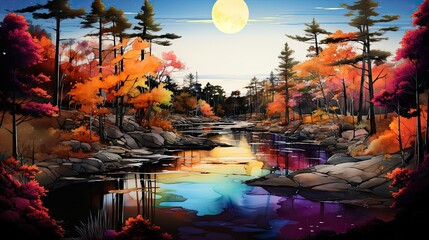 AI-generated illustration of an early morning autumn scene at a river in the mountains. MidJourney.