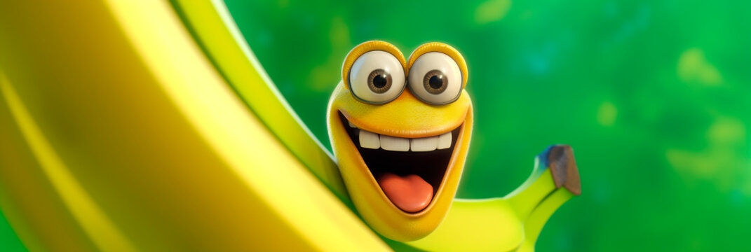 Banner with bunch of bananas on green background. Generative AI. Cute cartoon character tropical fruit with eyes. Banana Day. Funny header children's menu, website, advert, blog, kid friendly food