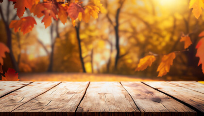 Naklejka na ściany i meble Empty wooden table with autumn theme in background