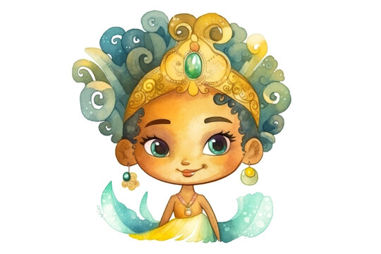 Watercolor cute mami wata cartoon character, created with Generative AI technology