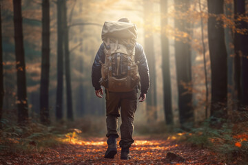 Fototapeta premium A hunter carrying a backpack filled with essential gear, standing at the entrance of a forest, ready to embark on an adventure. Generative AI