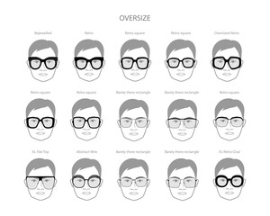 Set of Oversize frame glasses on men face character fashion accessory illustration. Sunglass front view unisex silhouette style, flat rim spectacles eyeglasses with lens sketch style outline isolated