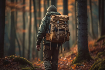 Naklejka premium A hunter carrying a backpack filled with essential gear, standing at the entrance of a forest, ready to embark on an adventure. Generative AI