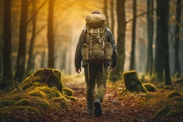 Fototapete A hunter carrying a backpack filled with essential gear, standing at the entrance of a forest, ready to embark on an adventure. Generative AI © bluebeat76