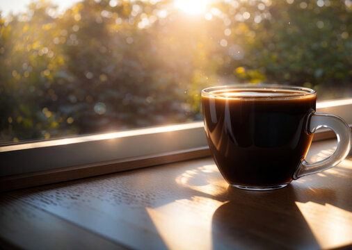 Morning coffee on the desk by the window with beautiful light.generative AI