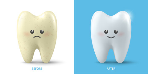 Vector Banner with Realistic Sad and Happy Tooth. Cleaning Concept - Before, After Hygienic Teeth Cleaning. Dentistry Design. Medical, Toothpaste Advertisement. Healthy Oral Hygiene, Teeth Whitening